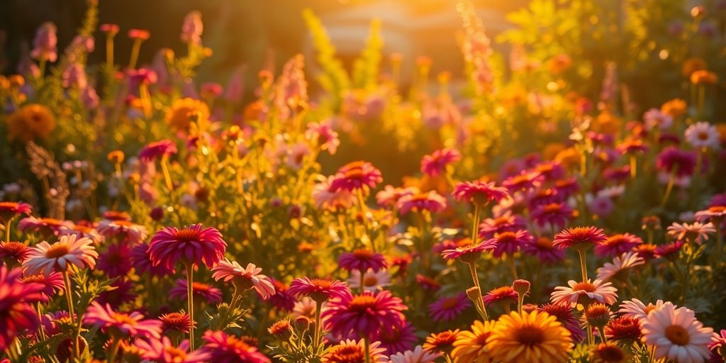 Sonnenlicht fällt auf blühende Stauden im Garten.