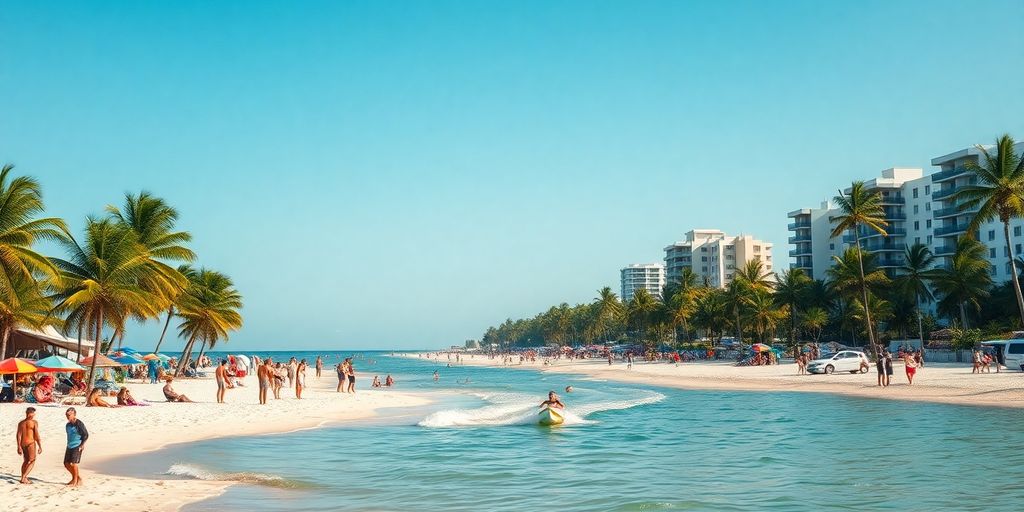 Vibrant beach scene in Aventura, Florida with families.