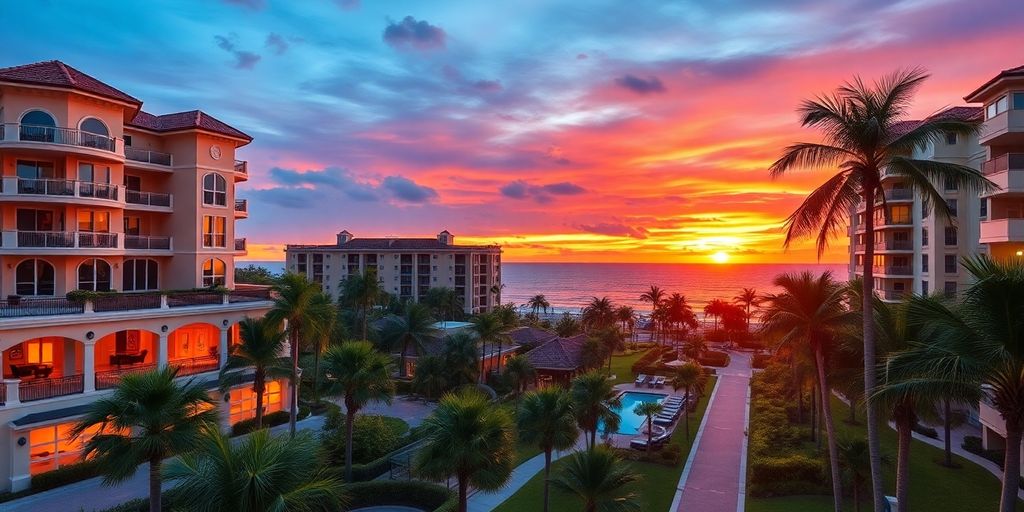 Luxurious Boca Raton condos with palm trees and sunset.