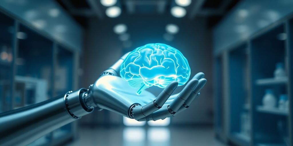 Robotic arm holding a glowing brain.