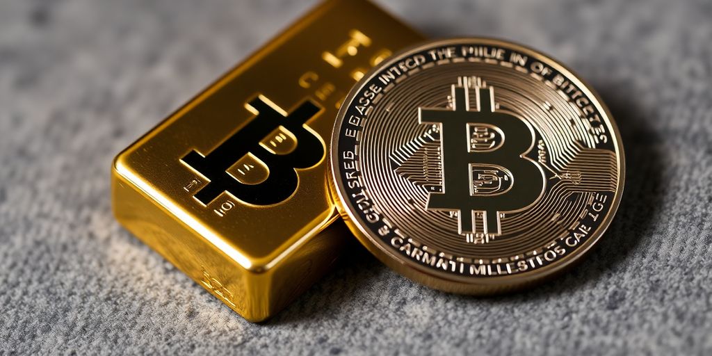 Or et bitcoin sur une surface texturée.