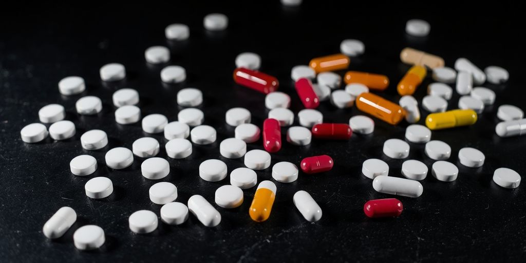 Scattered prescription pills, dimly lit, on a dark surface.