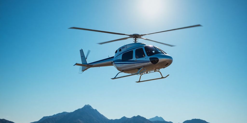 A Bell 206 Jet Ranger helicopter flying over mountains.