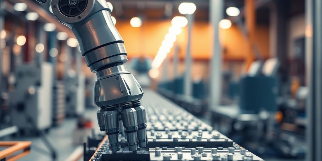 Robotic arm assembling complex machinery.
