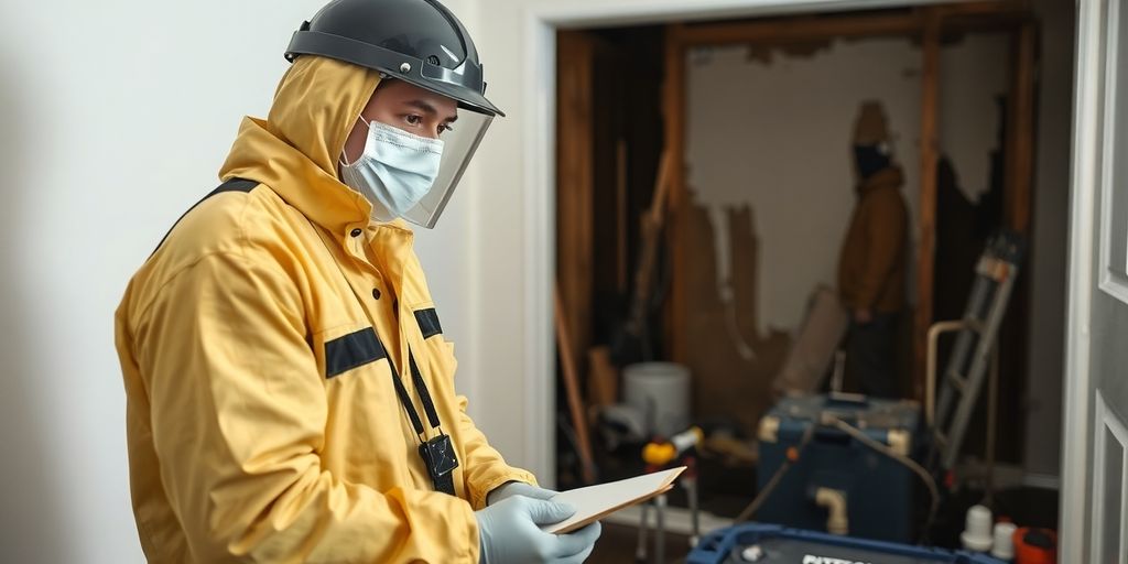 Technician inspecting water damage in a home.