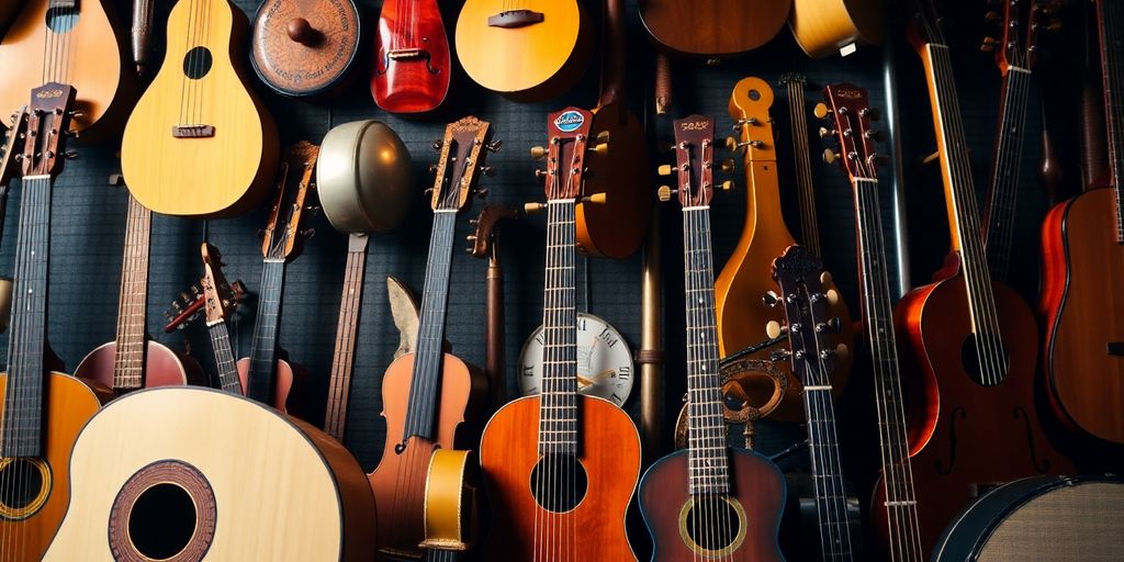 Colorful array of global musical instruments displayed.