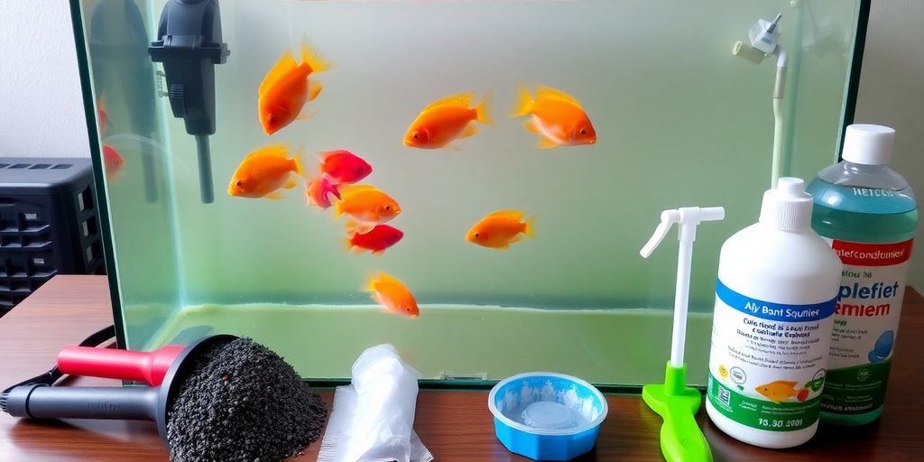 带有清洁工具的鱼缸设置在桌子上。