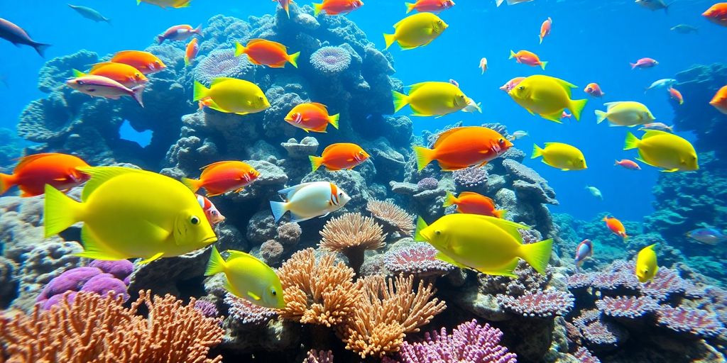 Makukulay na isdang dagat na lumalangoy sa isang coral reef.