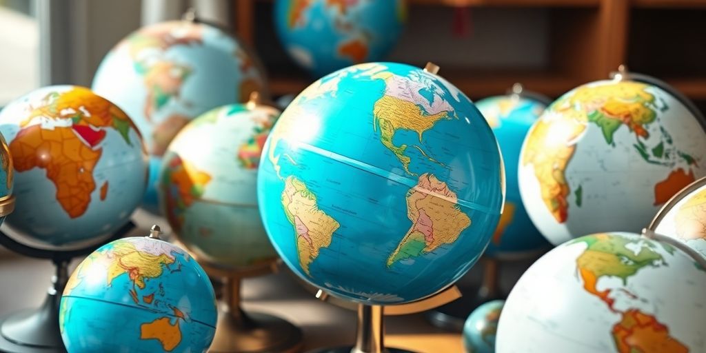 A collection of decorative globes on a wooden table.