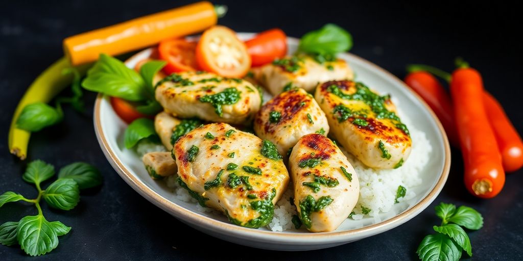 Pesto chicken with colorful vegetables on a plate.