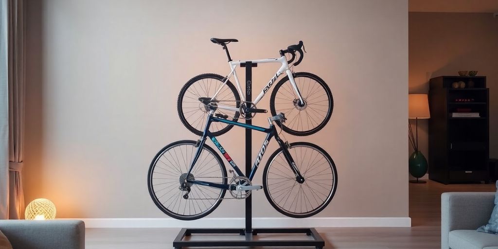 Two bikes on a freestanding gravity stand at home.