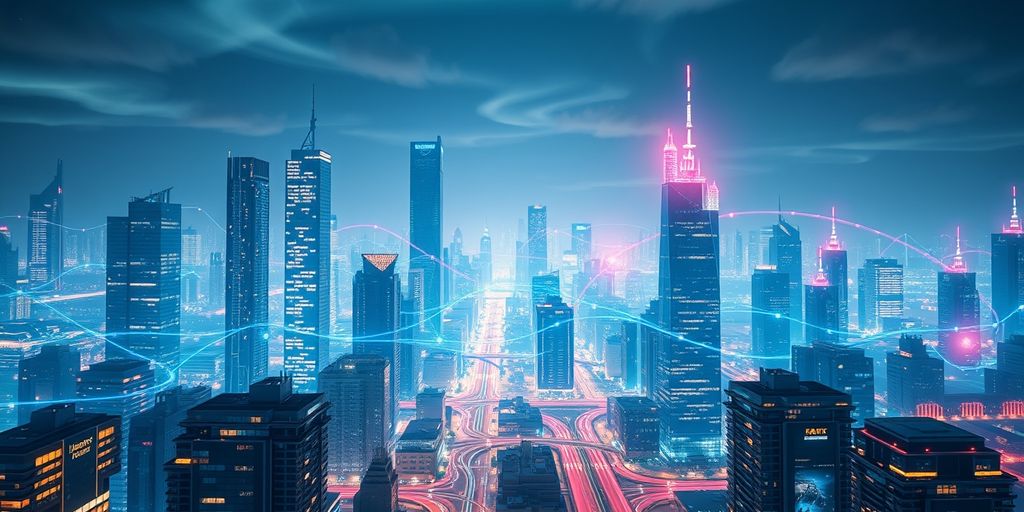 Futuristic city with glowing data streams.