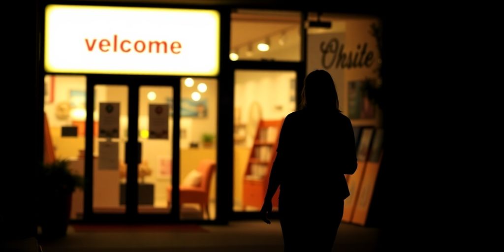 A customer walking away from a glowing store.
