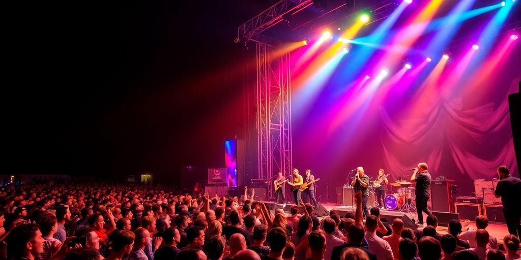 Scène vibrante de Rock en Seine avec musiciens et foule.