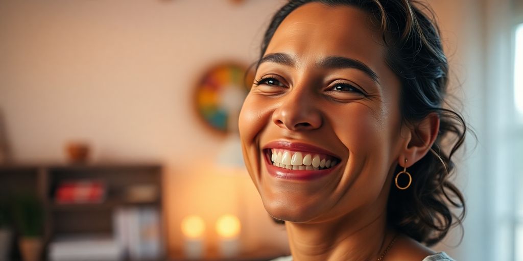 Person smiling, feeling content and peaceful.