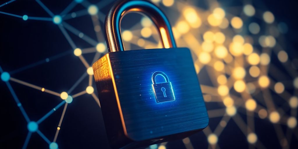 Digital lock, secure wallet, glowing blockchain