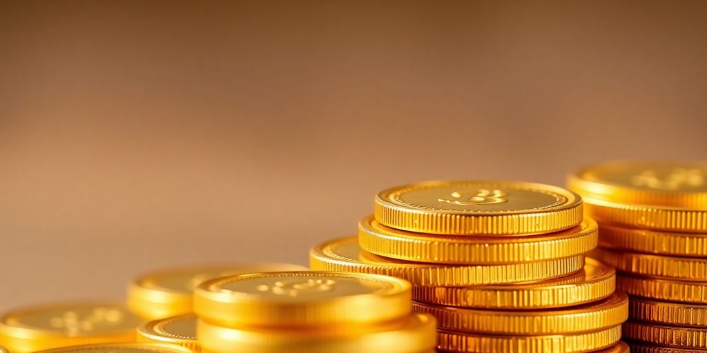 Monnaie en or brillante sur fond flou.