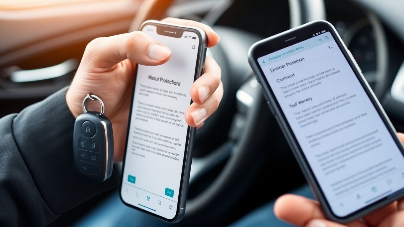 Car key and warranty document with blurred car interior.
