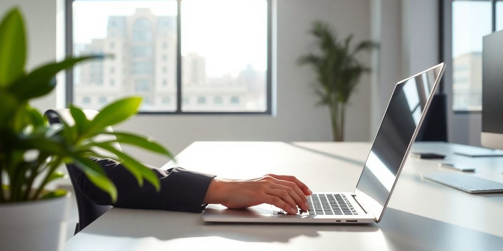 Person in office, laptop on desk, hands typing