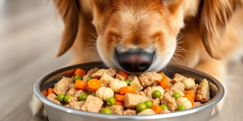 Dog eats from a bowl of homemade food.