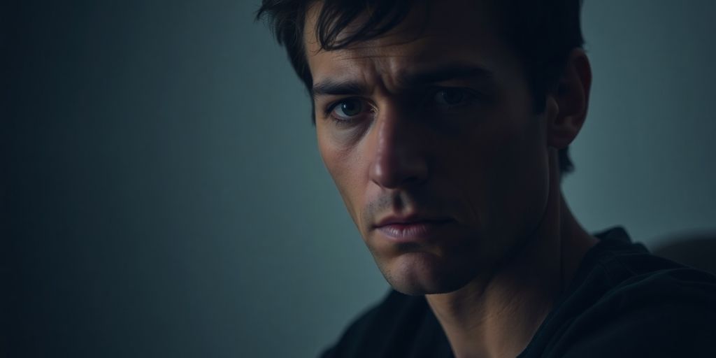 Person in a dim room, looking distressed and contemplative.