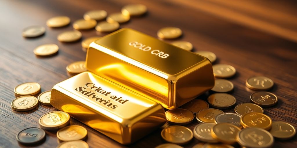 Barre d'or et pièces sur une table en bois.