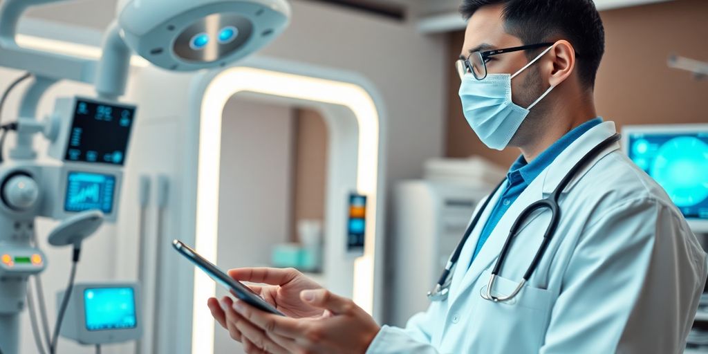 Doctor with tablet and futuristic medical equipment.