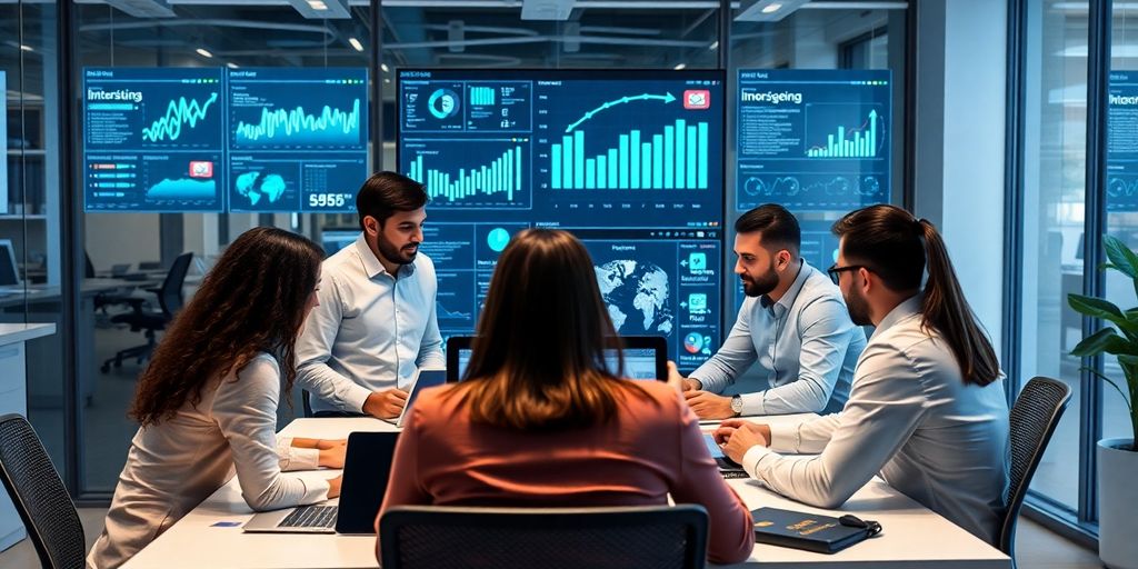 Profissionais de marketing digital em ambiente moderno.