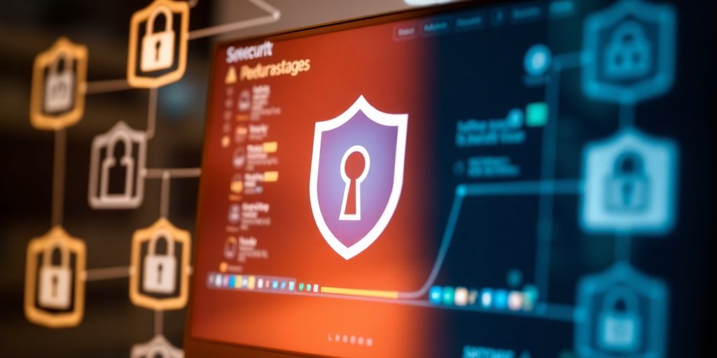 Computer screen with cybersecurity software and digital icons.