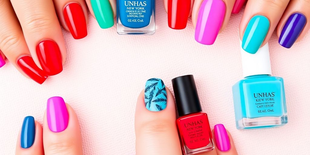 Unhas coloridas e bem cuidadas da marca Kiss New York.