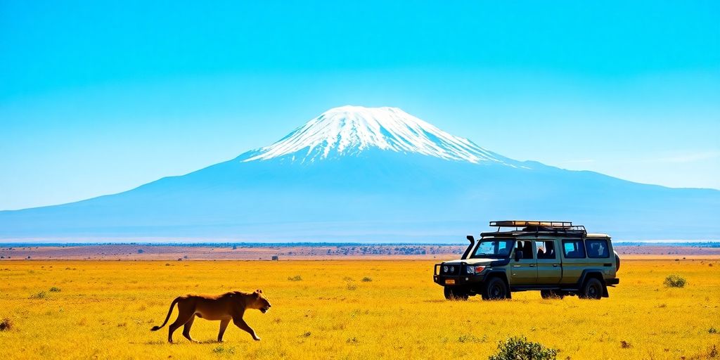 Lion, safari jeep, Kilimanjaro mountain.