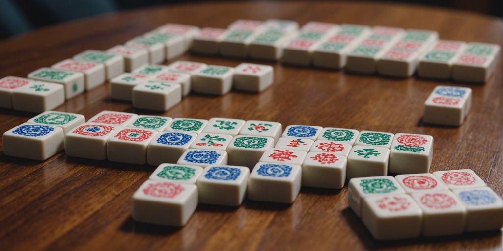 Assorted mahjong tiles on a wooden surface