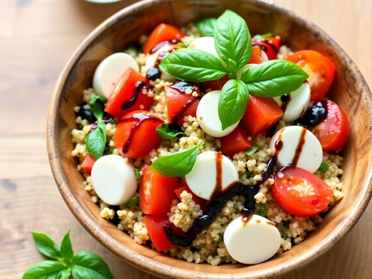 Refreshing Quinoa Caprese Salad Recipe for a Healthy Summer Meal Colorful quinoa salad with tomatoes and mozzarella balls.