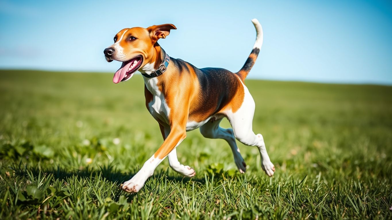 American Foxhound running in a green field.