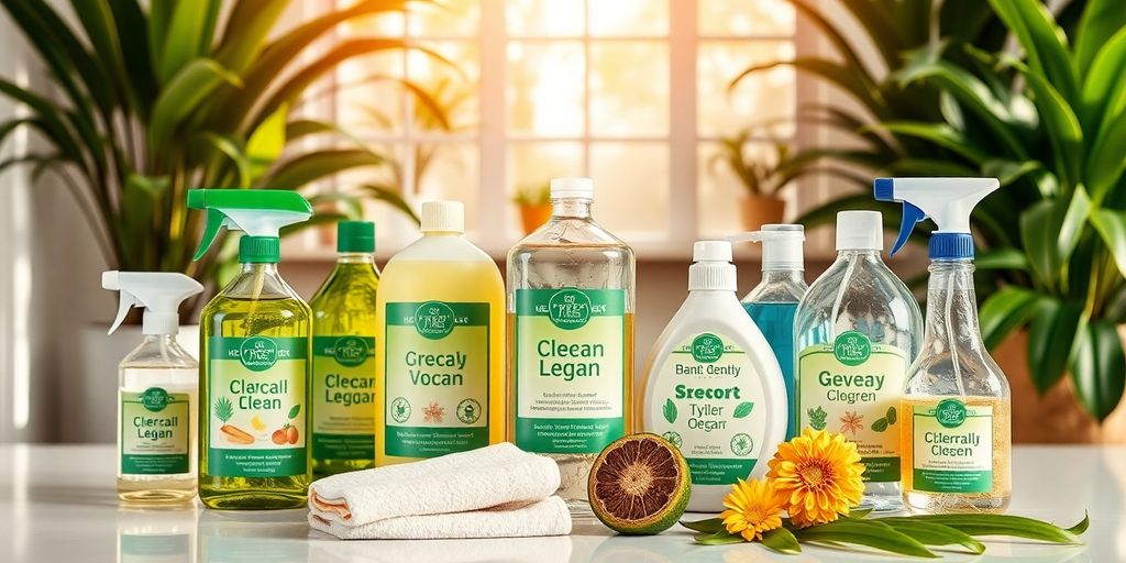 Eco-friendly cleaning supplies with green labels and plants.
