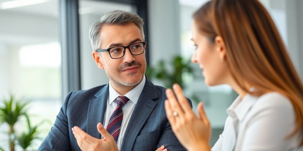 Lawyer and client meeting in an office about a case.