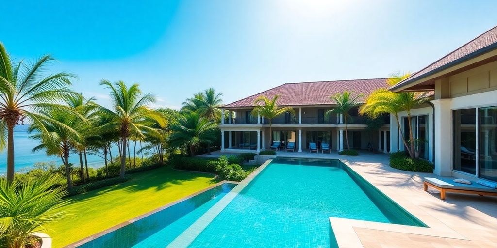 Stunning poolside villa surrounded by tropical greenery in Thailand.