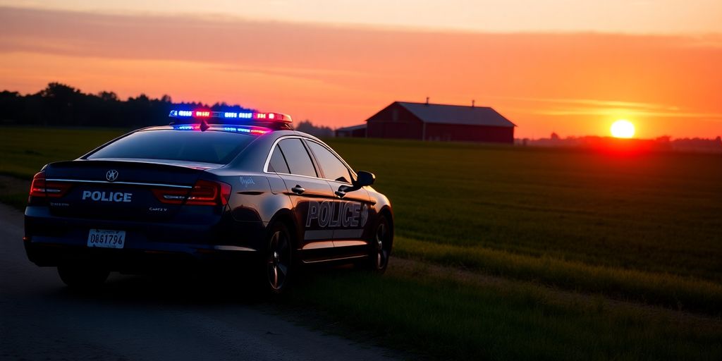 Auto della polizia in una fattoria al tramonto