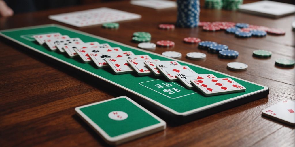 Poker Mahjong tiles fanned out on a wooden table.