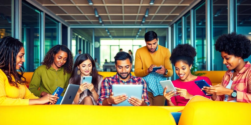 People using technology in a modern workspace setting.