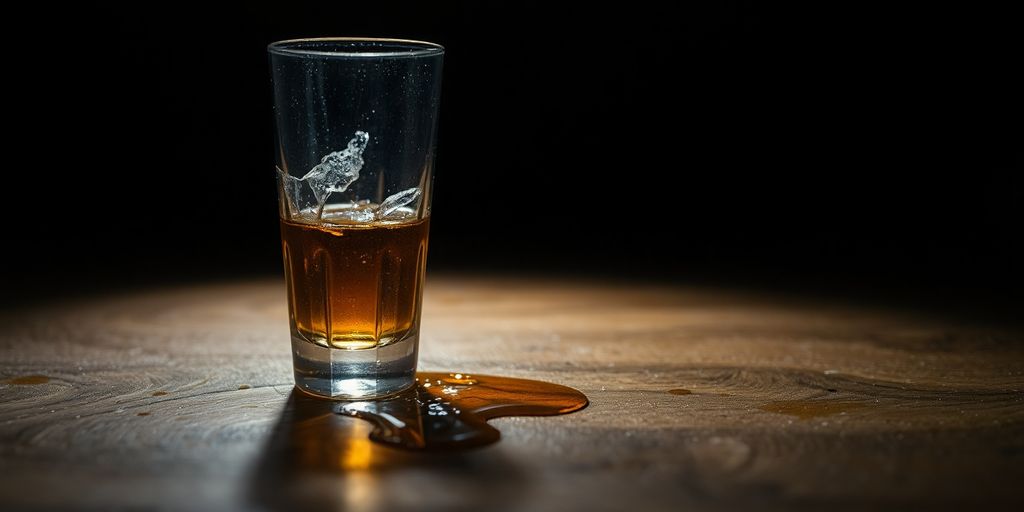 Close-up of broken glass and spilled alcohol on table.