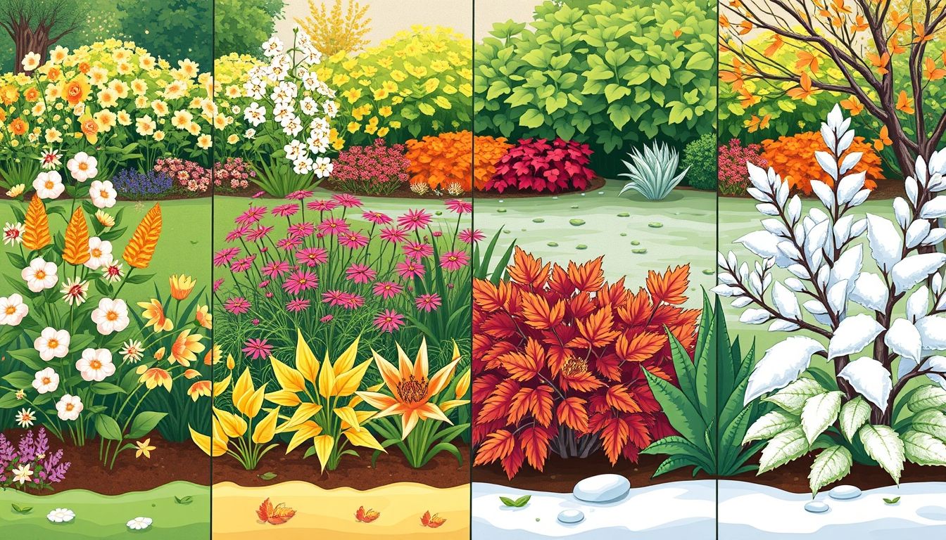 Illustration of garden in four seasons