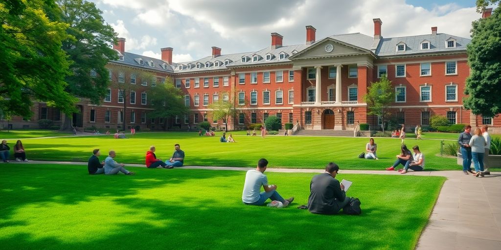 Harvard University campus with students engaged in learning.