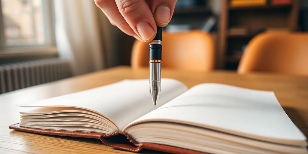 A hand holding a pen over a notebook.