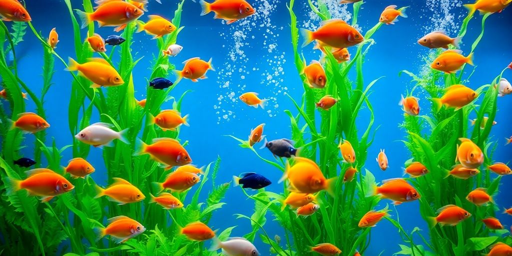 色彩斑斓的鱼在郁郁葱葱的水族箱中游泳。