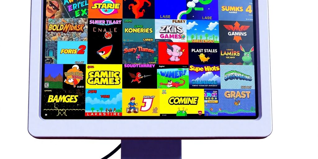 Retro computer screen with vibrant, classic Flash games.