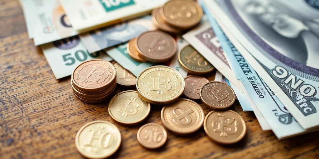 Billets et pièces de monnaie disposés sur une surface en bois.