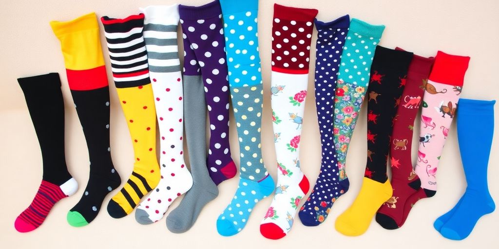 Colorful knee high socks in various styles and patterns.