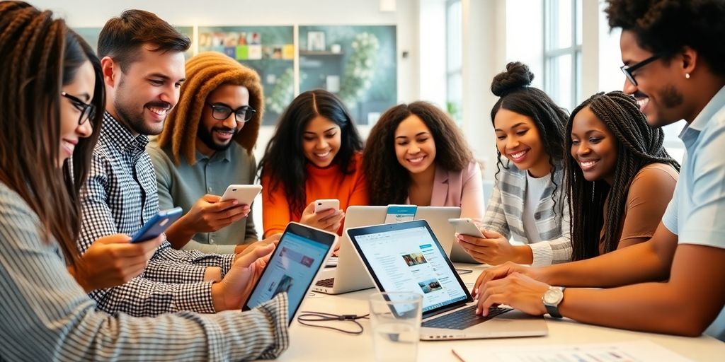 Diverse job seekers using devices in a modern workspace.