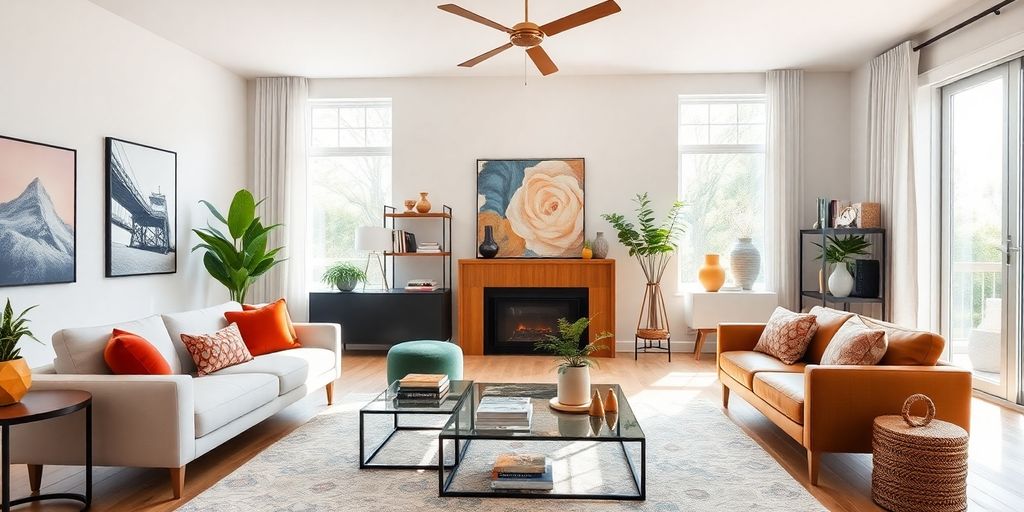 Modern living room with vibrant decor and natural light.